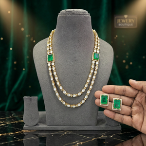 Luxury Gold Finish Emerald Green Double Layer Statement Necklace Set with Matching <b>Stud</b> <b>Earrings</b> Designer Wedding Bridal Party - Product Image 2