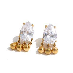 Boucles d'oreilles pendantes JINYOU 8524 élégantes en acier inoxydable plaqué or avec zircon cubique taille poire pour femme - Product Image 1