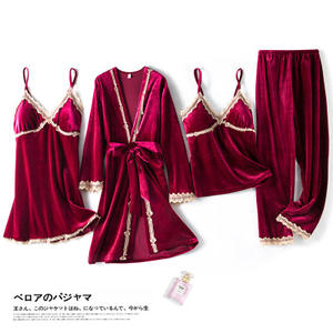 Autunno Inverno Oro Velluto Pigiama donne quattro-pezzo vestito di primavera a maniche lunghe abito sexy spogliatoio con il rilievo del seno vestito - Product Image 6