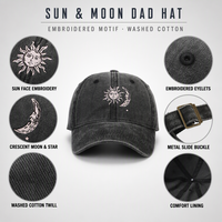 Casquette de baseball en coton lavé avec broderie céleste Soleil Lune, visière incurvée réglable, boucle métallique, vente en gros, logo personnalisé