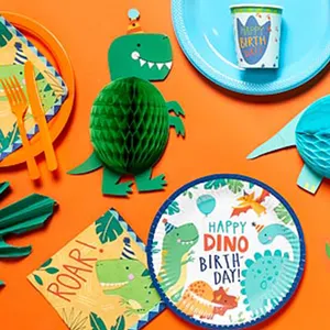 Kit de prato para festa de dinossauro, bandeira de decoração para festa de aniversário infantil