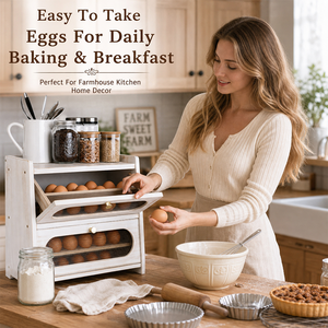 Shabby Chic Bamboo 2-Tier Pull-Down Door Egg Organizer, Transparent Egg Holder with Recessed Window, Kitchen Countertop Egg <strong>Stor</strong> - Product Image 4