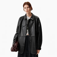Abrigo Mac de Piel de Oveja Semilicuada Negra Encerada para Mujer, Casual de Invierno, Cortavientos, Teñido Liso, con Botones Cubiertos de Poliéster