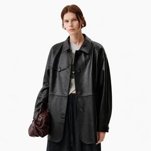 Manteau <span class=keywords><strong>Mac</strong></span> en peau de mouton semi-tannée à la cire noire pour femme, coupe décontractée, coupe-vent, teint uni, avec boutons recouverts de tissu et polyester - Product Image 4