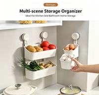 En stock – Panier de rangement mural à deux niveaux à ventouse sans perçage, organisateur multifonctionnel pour cosmétiques de salle de bain et articles divers de cuisine