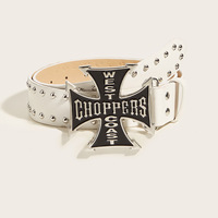 Ceinture en cuir vintage avec boucle en forme de croix, texture écaille de tortue, style West Coast Choppers