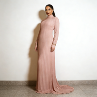 Robes de soirée musulmanes élégantes et formelles pour femmes, en tissu plissé, à col haut, à manches longues, de couleur rose clair, longueur au sol, douces et lisses