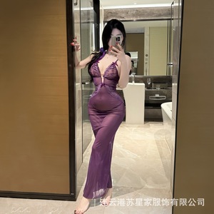 เดรสยาวเซ็กซี่ สายเดี่ยว โชว์สัดส่วน ดูมีเสน่ห์ยามค่ำคืน สีม่วงซีทรู ชุดนอนไซส์ใหญ่ - Product Image 4