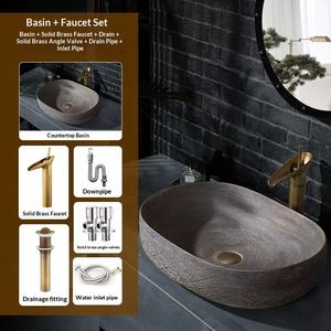 Lavabo de comptoir rétro en bois grainé, grand lavabo ovale créatif à trou unique pour maison d'hôtes ou balcon - Product Image 4