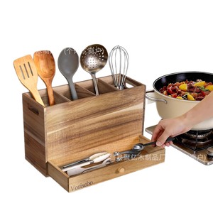Vorisebo Wooden <b>Kitchen</b> Utensil Rack With Drawer Multifunctional <b>Storage</b> <b>Box</b> For Cooking Tools - Product Image 1