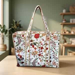 Bolso de mano de algodón hecho a mano con estampado floral, bordado, acolchado, cierre de cremallera y diseño espacioso para llevar al hombro. - Product Image 5