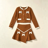 Vintage-Stil Herbst Mädchen Kinder Zweiteiler Tweed Strickjacke Shorts Set Schule Tägliches Outfit