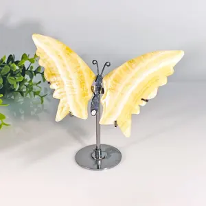Venda quente Cristal natural artesanato pedras de cura escultura borboleta de calcita amarela escultura para decoração