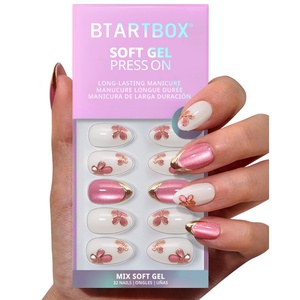 BTArtbox Uñas Postizas de Gel Suave Rosa con Flores 3D, Uñas Francesas de Almendra Corta de Lujo para Primavera, Venta al por Mayor - Product Image 1