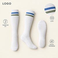 Chaussettes de compression à rayures blanches bicolores, tricotées à rayures dégradées, avec support du mollet, tableau de mesure, bordure plus large, bout plat, vérifiées
