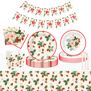 DAMAI - Juego de Platos y Servilletas de Papel con Diseño de Fresas para Decoración de Fiestas de Cumpleaños, Vajilla Desechable con Temática de Frutas para Cumpleaños - Product Image 1