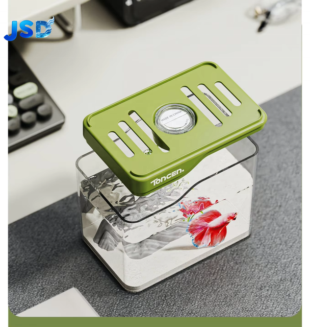 JSD Mini Betta Tank 12x8x10cm Transparent PC Stackable Aquarium With LED Hole for Home Office Betta Breeding