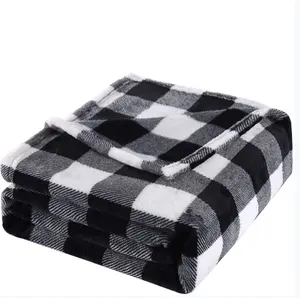 China Manufacturer 280GSM Flannel Fleece Soft Warm Screen Printed Black White Plaid Blanket