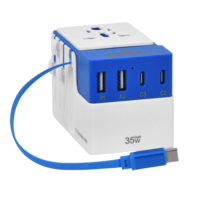 Adaptador de Viaje Universal Foxcan PD45W GaN con 3 Enchufes AC, Certificación CE, FCC y RoHS, con Cables USB-C Integrados, 7 en 1