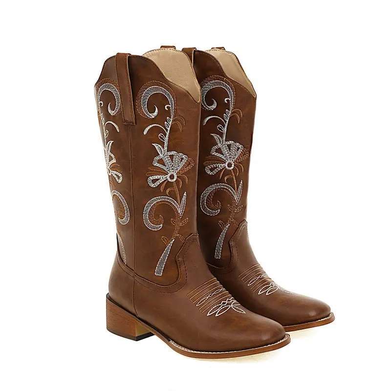 Factory wholesale cowboy cowgirl boots embroidered leather vintage wedge women's boots