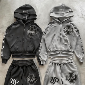 ชุดฮู้ดดี้แบบกำหนดเอง ชุดวอร์มผู้ชาย ชุดวอร์มสไตล์ Distressed เสื้อสเวตเชิ้ตทรงหลวม ชุดวอร์มทรงโอเวอร์ไซส์แบบ Acid Wash สำหรับผู้ชาย - Product Image 3