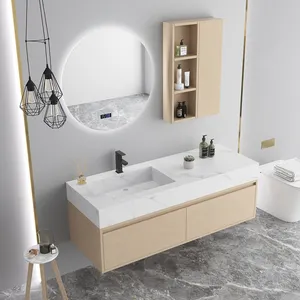 Современный стильный шкаф для ванной из массива дерева с белой встроенной водонепроницаемой раковиной