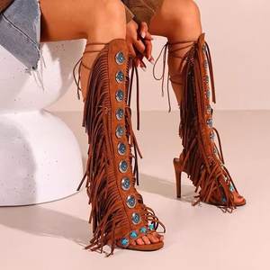 <span class=keywords><strong>Botas</strong></span> occidentales Zapatos de <span class=keywords><strong>mujer</strong></span> Fábrica fabricante personalizado Venta al por mayor Rhinestone Estilo rural Hasta la rodilla Bota con flecos de vaquero - Product Image 5