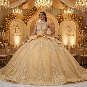 Lsdz001 Vestido de Quinceañera Vintage con Cuello Halter, Dorado Champán Brillante, con Recortes, Apliques de Encaje de Cristal y Cola Watteau de Gasa - Product Image 1