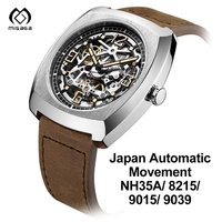 Montre automatique squelette carrée mécanique étanche 5ATM en cuir véritable avec logo personnalisé Migaga pour hommes