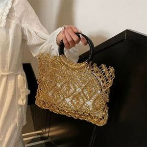 Fashionable Gold Silver <b>Square</b> Woven Bag New Hollow Tote Bag for Seaside Holidays Casual Beach Bag - Product Image 6