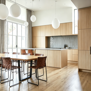 Meuble de cuisine haut de gamme sur mesure avec base en bois de noyer et accents noirs pour maisons modernes à plan ouvert - Product Image 2
