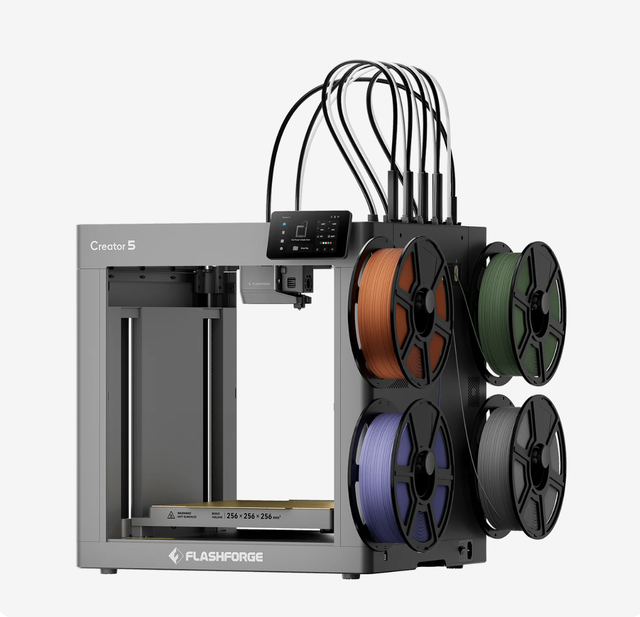 New Flashforge Creator 5 4-Toolheads Open Frame Multi-Color 3D Printer 500% Faster Zero Purge Waste Fully Automatic Calibration