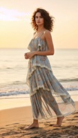 Robe midi florale d'été 2026 pour femme, style bohème, en dentelle fluide, coupe patineuse, sans manches, à volants et à fines bretelles spaghetti