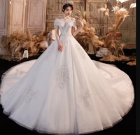 NDB10352 Robe de mariée principale lourde, entièrement faite à la main, nouvelle, à traîne, épaules dénudées, style féminin, élégante, de conte de fées, étoilée