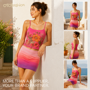 Ensemble deux pièces rose à motifs floraux dégradés pour femme, coupe ajustée, longueur mini, idéal pour les fêtes estivales, fournisseur OEM en gros - Product Image 2
