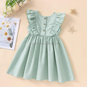 Gaun pesta pantai kasual bayi perempuan, gaun katun Linen lengan lipit berkancing bawah untuk anak perempuan 1-6 tahun - Product Image 3