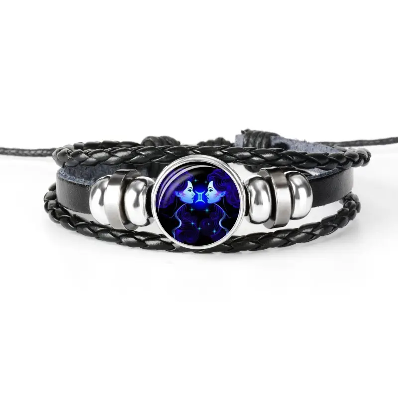 Lichtgevende Horoscoop Punk Mode 12 Dierenriemtekens Meerlagig Leer Gevlochten Armband Mannen Sieraden