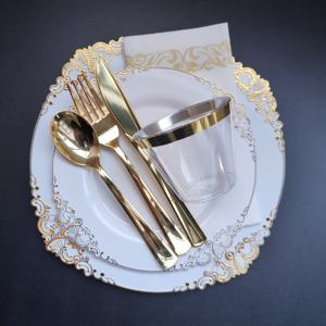 175PCS White and <b>Gold</b> Plastic <b>Plates</b> Include 25 Dinner <b>Plates</b> 25 Dessert <b>Plates</b> 25Forks 25Spoons 25Knives 25Cups 25Napkins - Product Image 6