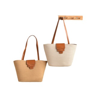 Woven Tote Bag Cotton Yarn Khaki Off White Horizontal <b>Square</b> Normcore Minimalist Everyday Use - Product Image 5