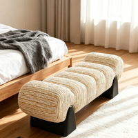 Banc de style médiéval à motif ondulé, banc de bout de lit, tabouret de rangement pour chaussures, banc long en tissu rayé avec base en bois massif, banc de loisirs