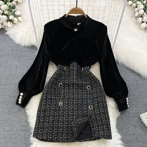 2023 terciopelo Patchwork Plaid cintura adelgazamiento Tweed la falda del vestido