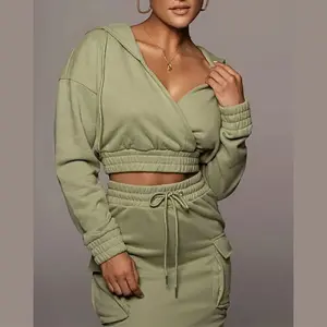 Tweedelige Set Vrouwen Lange Mouw Sexy Crop Top Hoodie En Rok Pak Soild Kleur Twee Stuk Lange Rok Set vrouwen