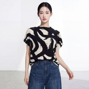 PY Women's Geometric Print Woven Cap Sleeve Stand Collar T-Shirt O-Neck Slim Fit Casual <b>Spring</b> Summer 100% Polyester Breathable - Product Image 1