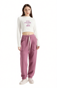 Pantaloni cargo in pile da donna J817R a vita alta, vestibilità ampia, lunghezza intera, con coulisse, casual, autunnali, 100% cotone, stampati - Product Image 1