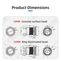 IP68 16mm 시동 푸시버튼, 방수, 1상시개방, 링 LED 녹색 조명, 모멘터리