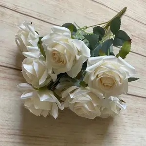 Ramos de rosas artificiales de seda blanca, 9 cabezas de flores, para decoraciones para bodas, fiestas y el hogar