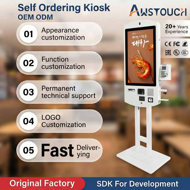 AWSTOUCH 32 Inch Self Service Food Ordering Touch Screen Kiosk With Qr Code Reader Indoor Use Wall-Mounted Option