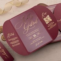 Invitations de Mariage de Luxe Personnalisées, Pliables, en Papier Acrylique Bourgogne et Doré, avec Carte RSVP à Code QR