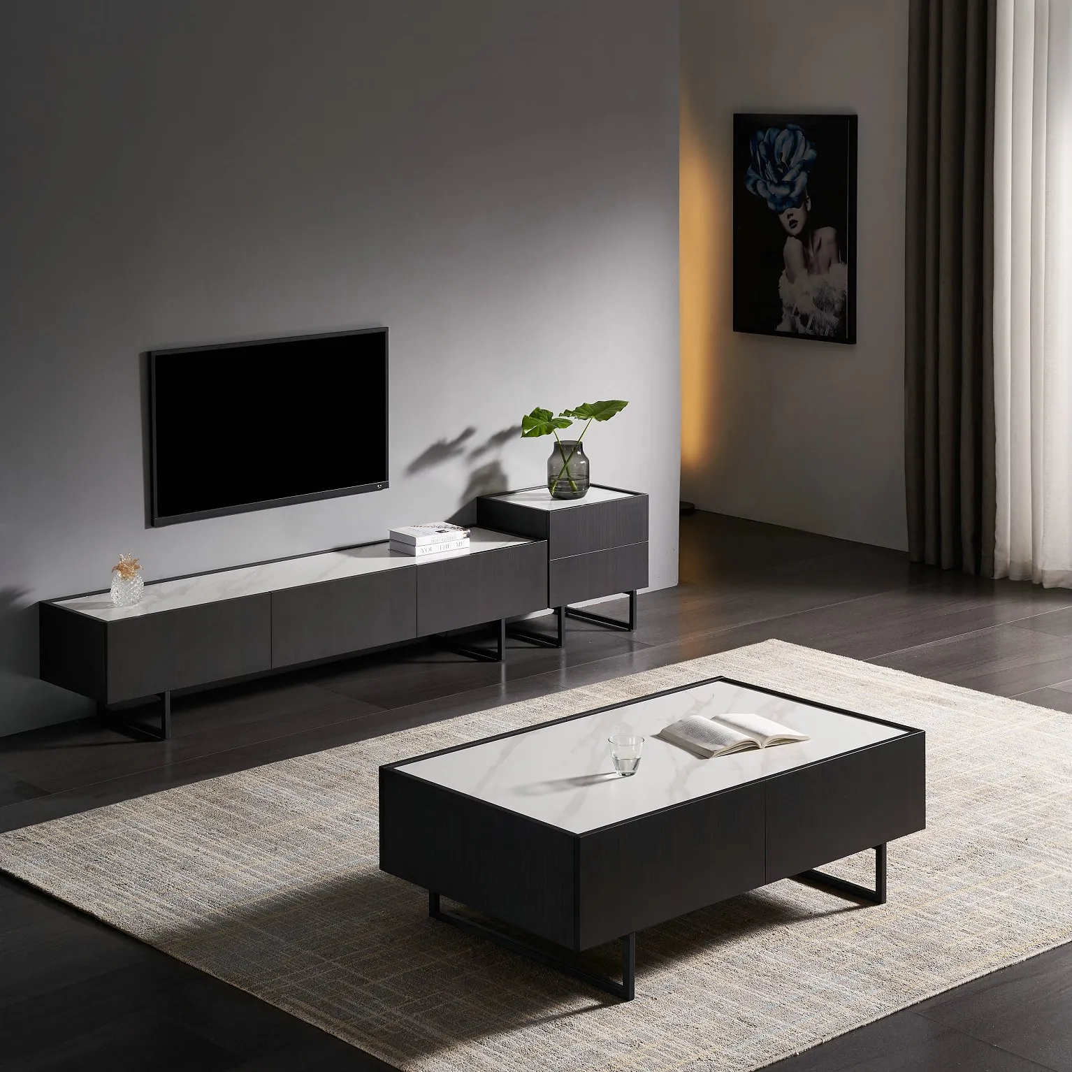 लक्जरी डिजाइन सुरुचिपूर्ण काले सफेद रंग बड़ा आकार टीवी कैबिनेट टीवी स्टैंड फर्नीचर सेट