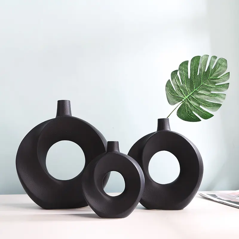 Hipster Nieuwe Hete Populaire Geometrische Ontwerp Holle Vaas Nieuwe Creatieve Witte Zwarte Donut Vaas Voor Home Office Bruiloft Decor